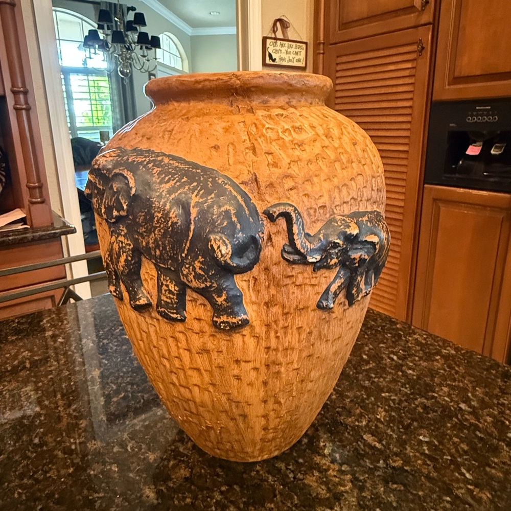 Vintage Terracotta Elephant Relief Jar – Large Decorative Urn